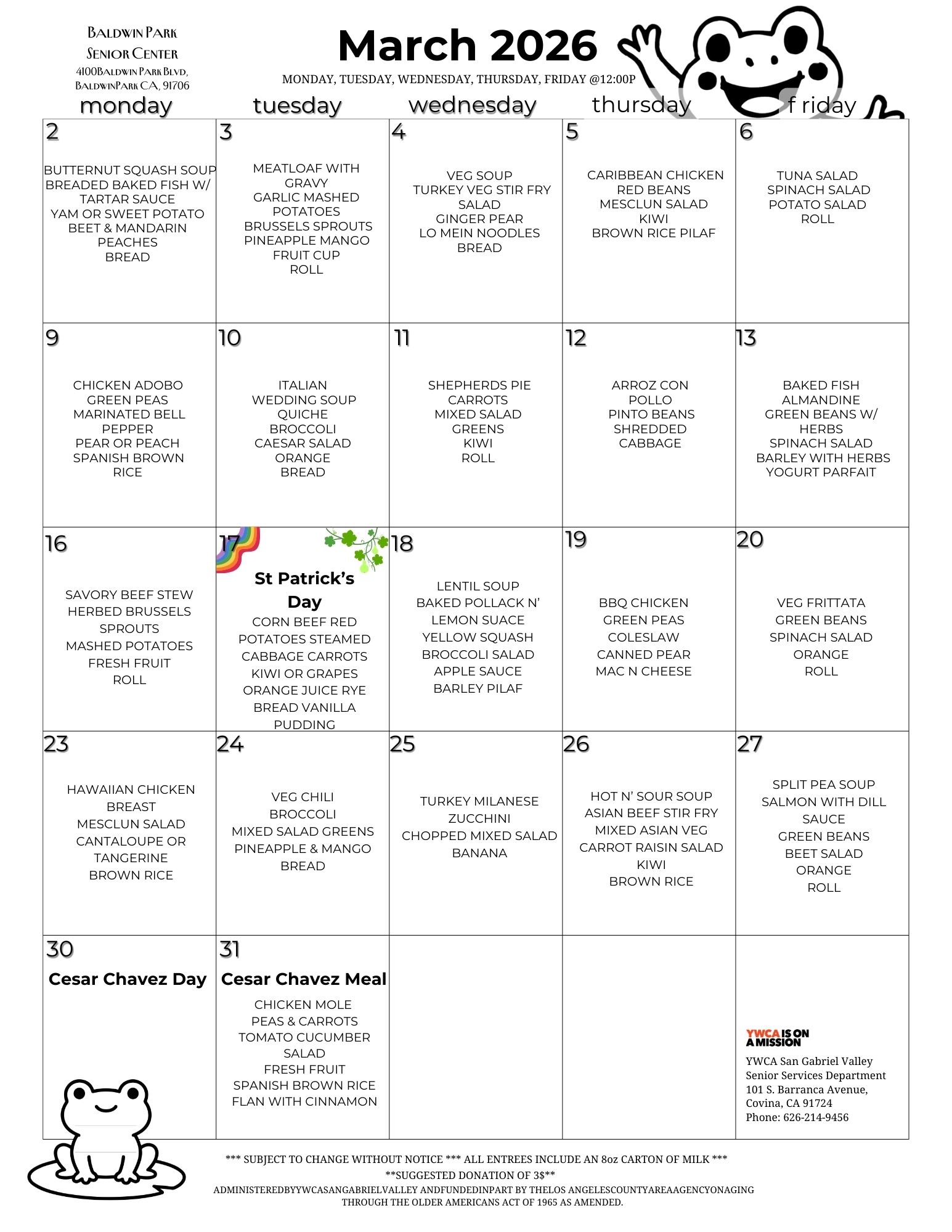 Senior Center Lunch Calendar - March 2026